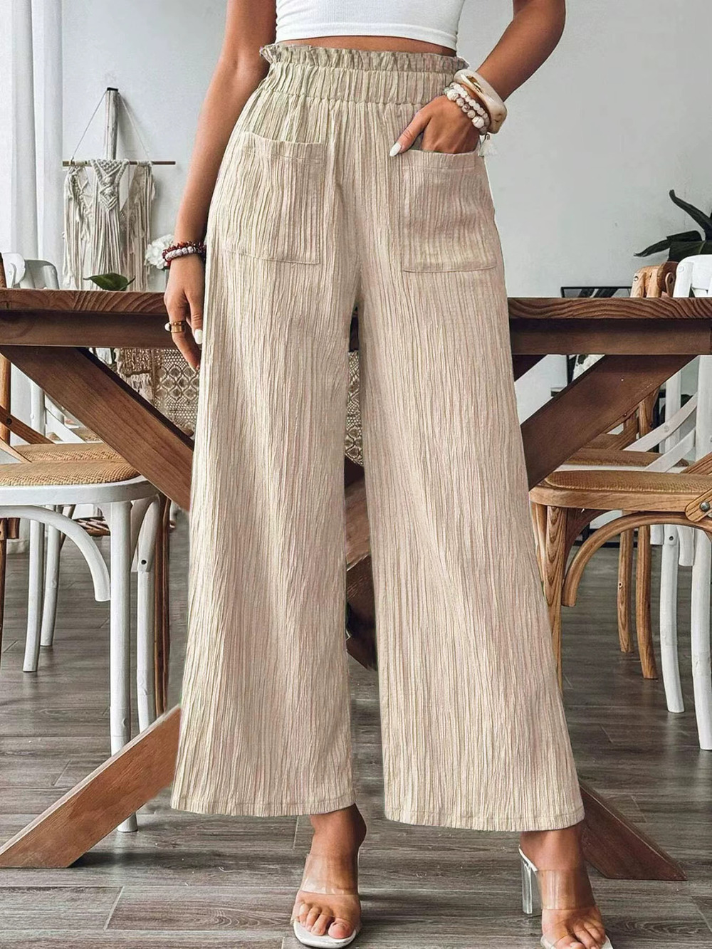 Forever 21 Solid Casual Straight-Leg Tassel Wide-Leg Pants